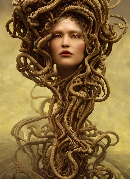 Image similar to medusa made of wax, wooden art nouveau swirls, strong subsurface scattering, cables, tubes, subsurface scattering, in the style of ruan jia and donato giancola and giger, subsurface scattering, mystical colors, rim light, dramatic lighting, 8 k, stunning scene, raytracing, octane render, trending on artstation