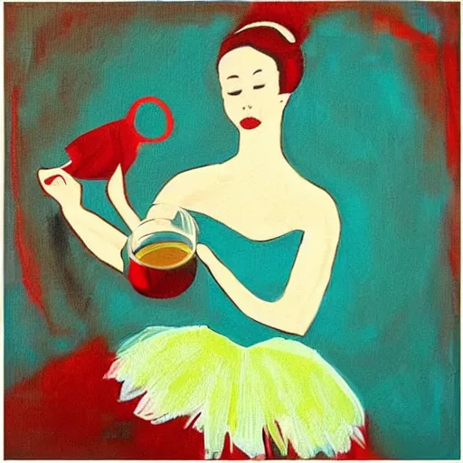 Image similar to square painting of a ballerina drinking wine in a teal room all on a red background