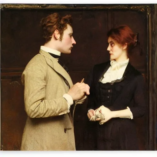 Image similar to young victorian man and woman solving an escape room riddle, painted by alfred stevens