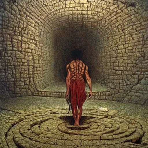 Prompt: theseus in the labyrinth, extra detailed, photorealistic, oil painting by beksinski and dore