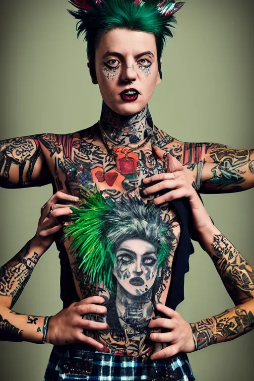 Prompt: upper body portrait hannah as a punk woman with green mohawk, covered in neotraditional style tattoos, wearing a bold tee shirt, flannel jacket, fishnets and a long tartan skirt, intimidating, max details, hyperrealistic, photorealistic, ultra - realistic, ultra - detailed, cinematic, 8 k resolution by alan lee