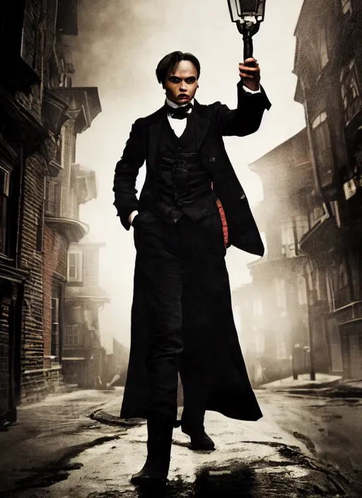 Prompt: frank dillane hunting vampires in victorian london, film still, full body portrait, 3 5 mm, highly detailed, dynamic lighting, intricate, digital painting, liam wong