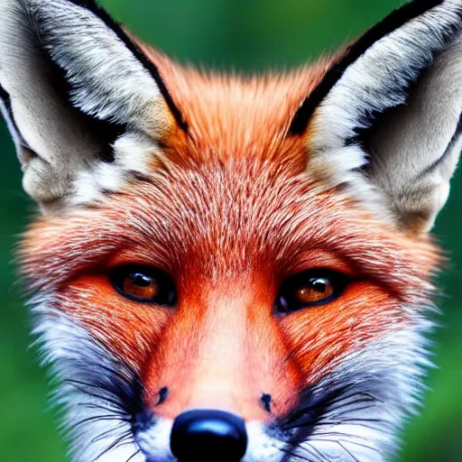 Prompt: woman - fox hybrid, fox ears and fox facial features, furry face, close - up, headshot, detailed, symmetric