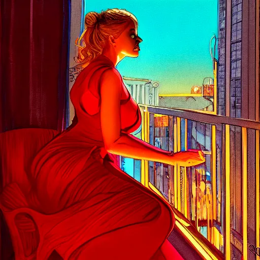 Image similar to a beautiful artwork of a woman in red dress sitting on the balcony of a hotel at night, top view, by Jerome Opeña, featured on artstation