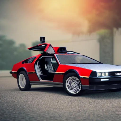 Prompt: hot wheels delorean car on a suburban street diorama scene, cinema 4 d, octane, render 8 d, cinematic lighting, product shot, commercial photography