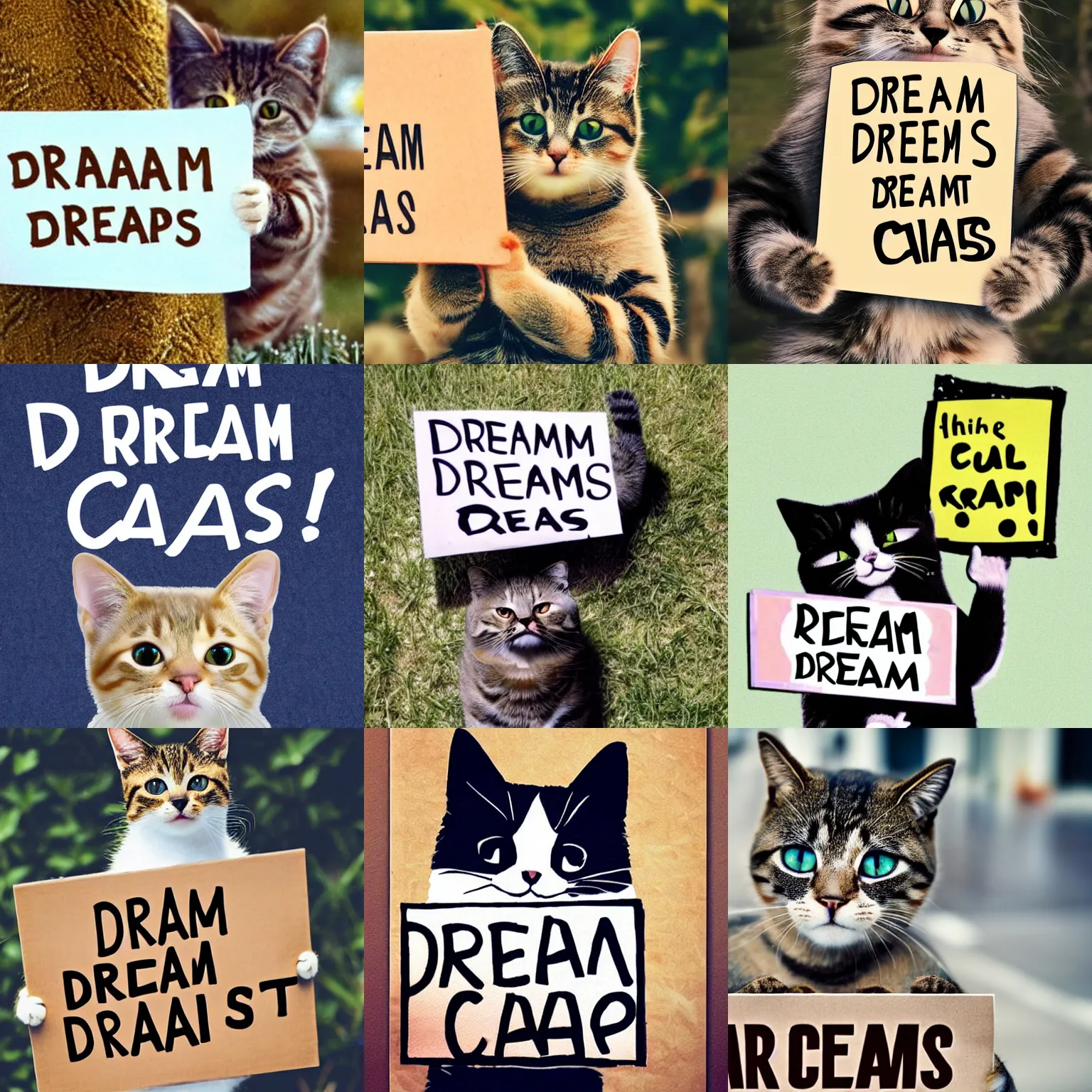 Image similar to realistic high quality photo of a cute cat holding a sign with text that reads : dream cats