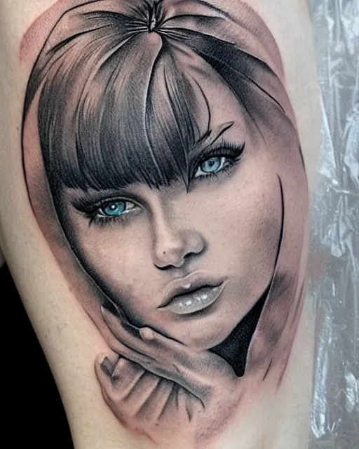 Image similar to tattoo design sketch of a beautiful blue - eyed woman face with a faded background of beautiful mountains and nature on her side, hyper - realistic, in the style of den yakovlev, amazing detail, black and white
