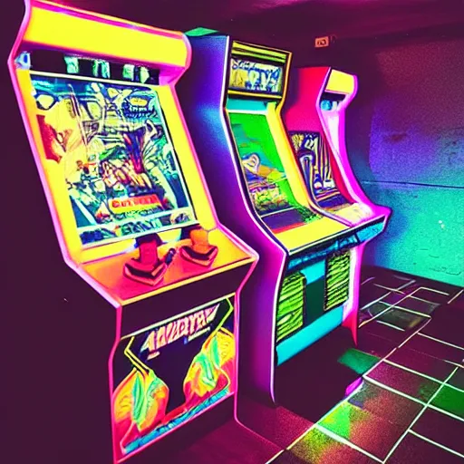 Image similar to “ nostalgic arcade, liminal, colorful aesthetic ”