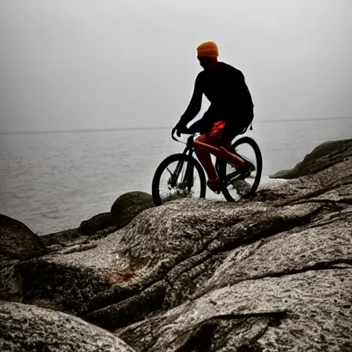 Image similar to a scene from a fever dream!! In 1st person!! Bicycling on a rocky path entering the scary murky ocean!! Fog! Ultra realistic! 25mm f/1.7 ASPH Lens!