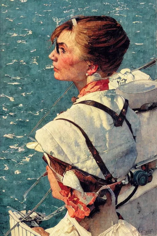 Image similar to portrait of woman in a boat, painted by Norman Rockwell