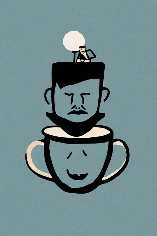 Prompt: he held the moon in his teacup, Teal black and off-white, portrait by Christoph Niemann, flat colors, ink