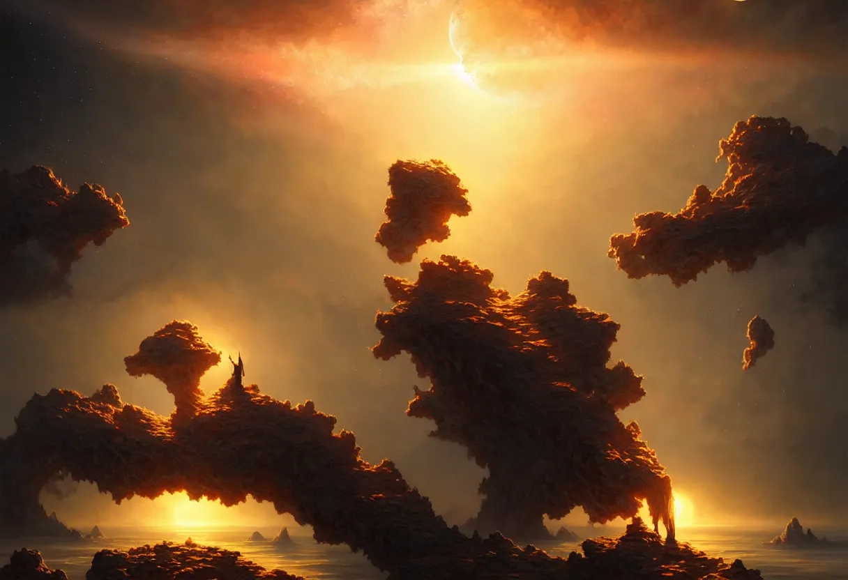 Image similar to beautiful render, planet earth atmosphere against sun with approaching burning meteorite cluster, fantasy, intricate, elegant, highly detailed, digital painting, artstation, concept art, smooth, sharp focus, octane render, dramatic lighting, art by artgerm and greg rutkowski and alphonse mucha and wlop