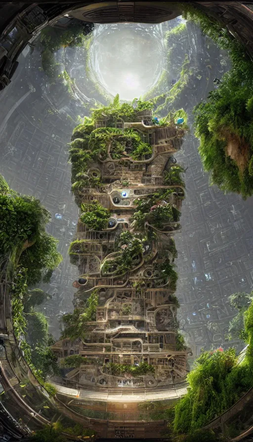 Image similar to a futuristic Hanging Gardens of Babylon with a future scifi ancient god on the middle holding a portal that's about to explode, sweat drops, insane, intricate, highly detailed, oil painting, smooth, sharp focus, Unreal Engine 5, 8K, art by Diego Velázquez