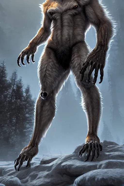 Prompt: full body of werewolf, aggressive, au naturel, hyper detailed, digital art, trending in artstation, cinematic lighting, studio quality, frostbite 3 engine rendered, octane render, art style by klimt and nixeu and ian sprigger and wlop and krenz cushart