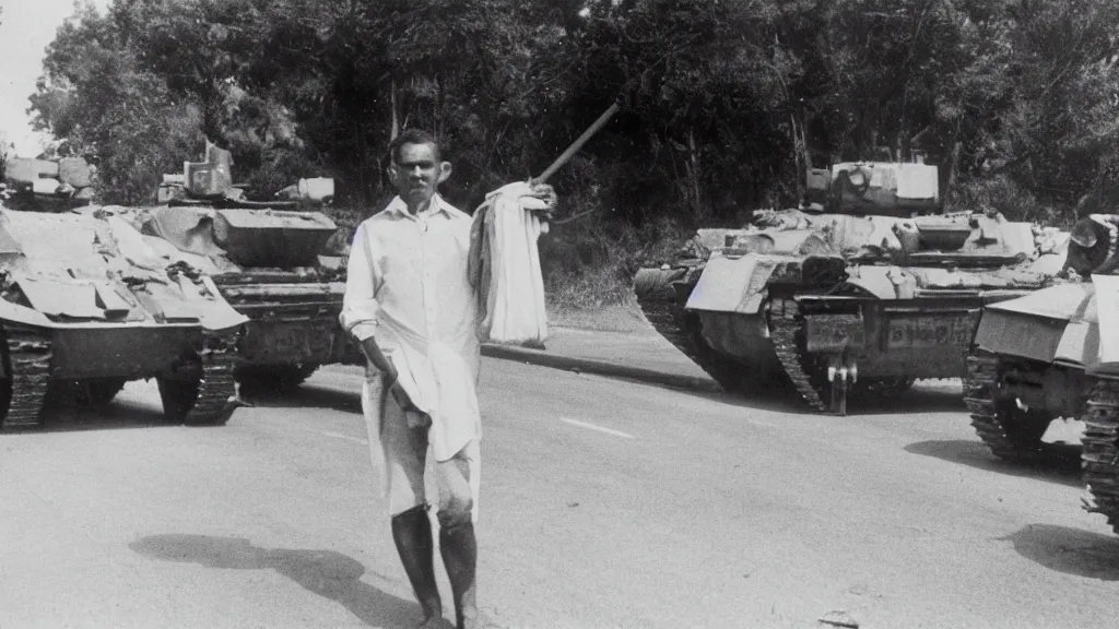 Prompt: old historic photograph of a single person in white shirt, holding white grocery bags, standing on the road facing four battle tanks approaching him