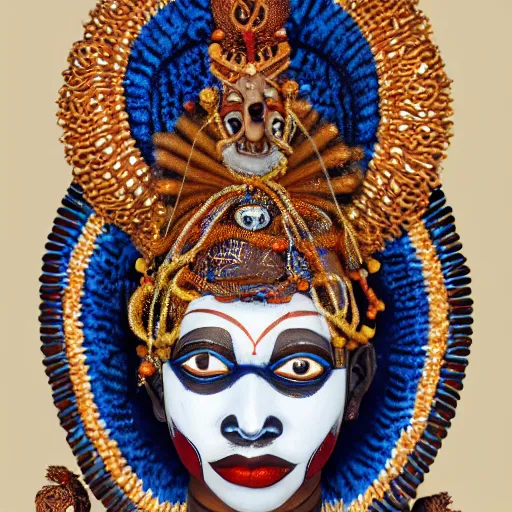 Image similar to A elegba eshu the yoruba god with cambodian goddess dress with cowrie shells for eyes dancing in the lake, blue color themed, insanely detailed and intricate, face painted, golden ratio, hypermaximalist, elegant, ornate, luxury, elite, James jean, Brian froud, ross tran, realistic 3D, hyper realistic, super detailed, realistic octane render, 8K, fashion photography