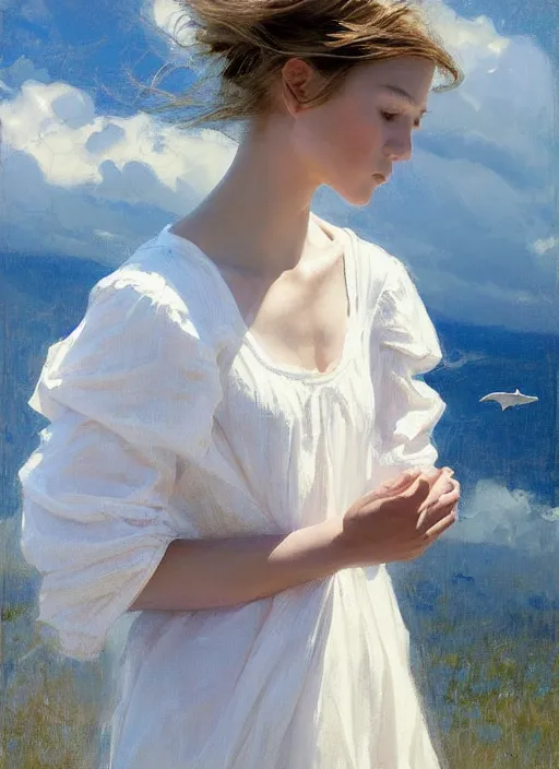 Image similar to portrait of a girl dressed in white clothes chasing flying whales, countryside, calm, fantasy character portrait, dynamic pose, above view, sunny day, thunder clouds in the sky, artwork by Jeremy Lipkin and Giuseppe Dangelico Pino and Michael Garmash and Rob Rey, very coherent asymmetrical artwork, sharp edges, perfect face, simple form, 100mm