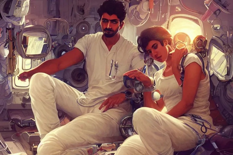 Image similar to Exhausted good looking pale young Indian doctors wearing jeans in a space station above Earth performing surgery, portrait, elegant, intricate, digital painting, artstation, concept art, smooth, sharp focus, illustration, art by artgerm and greg rutkowski and alphonse mucha