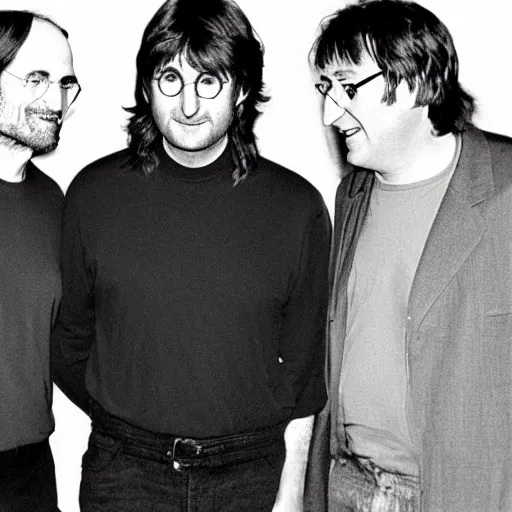 Image similar to steve jobs, harry potter, john lennon, and gabe newell meeting each other, photograph