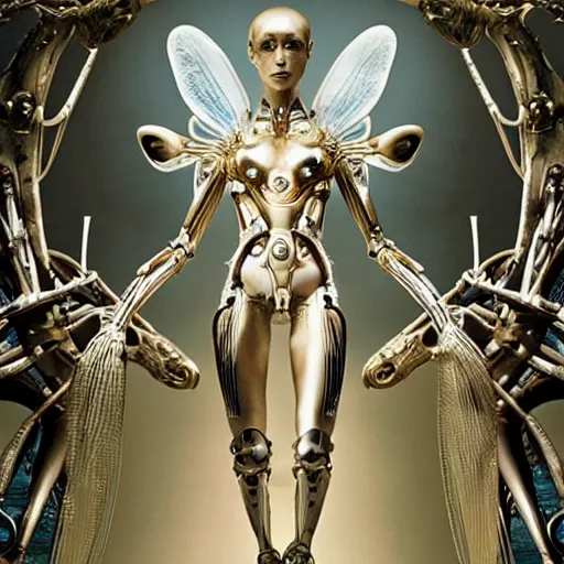 Image similar to still frame from Prometheus movie by Makoto Aida, biomechanical orchids mantis angel gynoid by giger, metal couture by neri oxmn and Guo pei, editorial by Malczewski and by Caravaggio