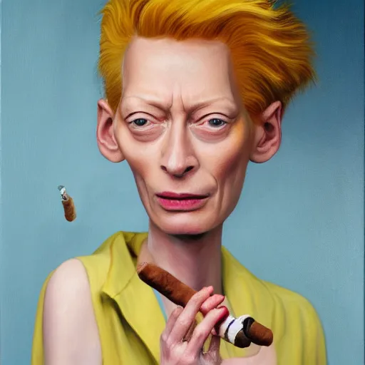 Prompt: an caricature of a young tilda swinton smoking a cigar, realistic oil painting by Mahesh Nambiar, trending on art station, 4K