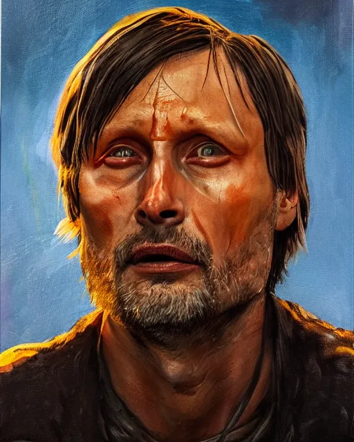 Prompt: mads mikkelson as clifford unger from death stranding, tears of tar, mysterious portrait, oil painting, orange fill light