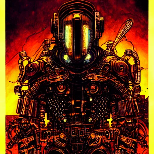 Image similar to cyberpunk knight, atmospheric lighting, painted, intricate, golden hour, ultra detailed by philippe druillet