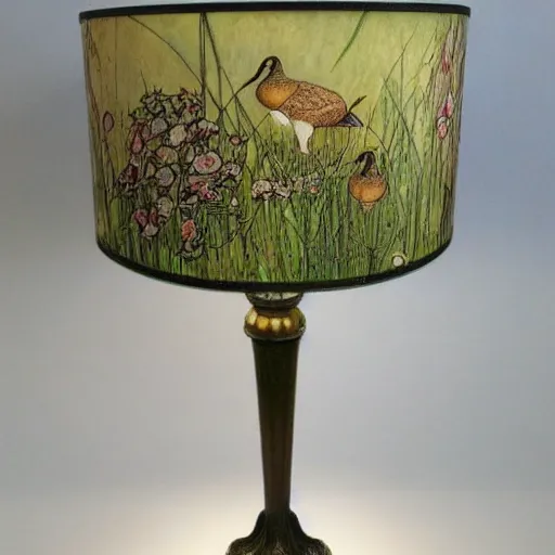 Prompt: beautiful victorian art nouveau duck lampshade, river reeds duckweeds, mucha kilian eng