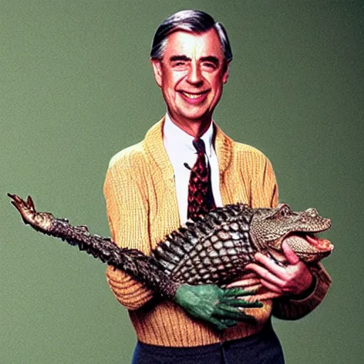 Image similar to mr. rogers proudly displaying a skinned alligator. 1 9 7 0 s color photo.