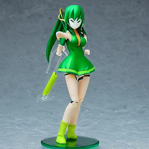 Image similar to league of legends akali as a Figma doll. Posable anime figurine. Kunai, Kama-wielding, green facemask, green outfit. PVC figure 12in.