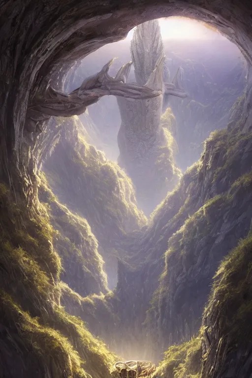 Image similar to amazing concept painting, by Jessica Rossier and HR giger and Beksinski, A gleaming white opera hall fortress overlooks a fertile valley, brutalist deak ferrand Jean-pierre Ugarte bases, Rivendell Himeji, hallucination, garden of eden