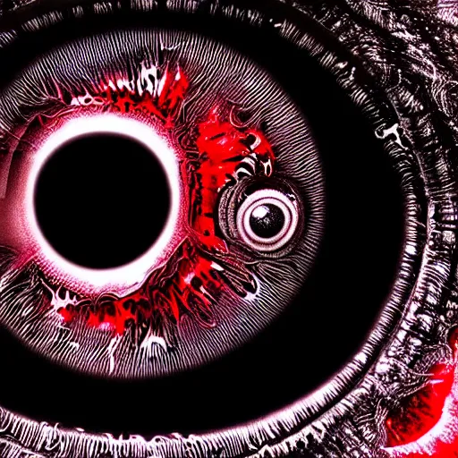 Image similar to a detailed extremely close up of inside the iris, cornea, red image, microscopic, extremely close up drawing by junji ito, cgsociety, generative art, lovecraftian, parallax, cosmic horror, extremely detailed, hyperrealism, unreal engine, octane render, award winning, masterpiece, highly detailed, realistic, 4 k, digital