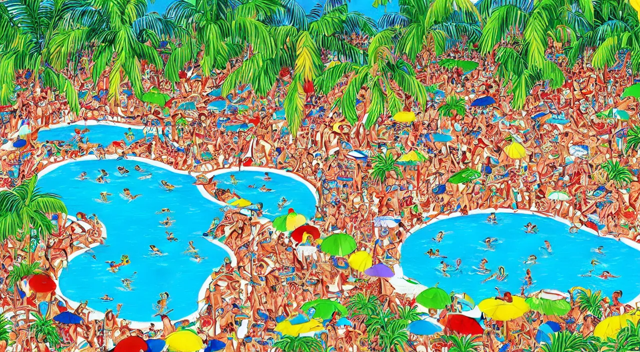 Image similar to where’s waldo, a beautiful day at a tropical pool,colorised,photograph