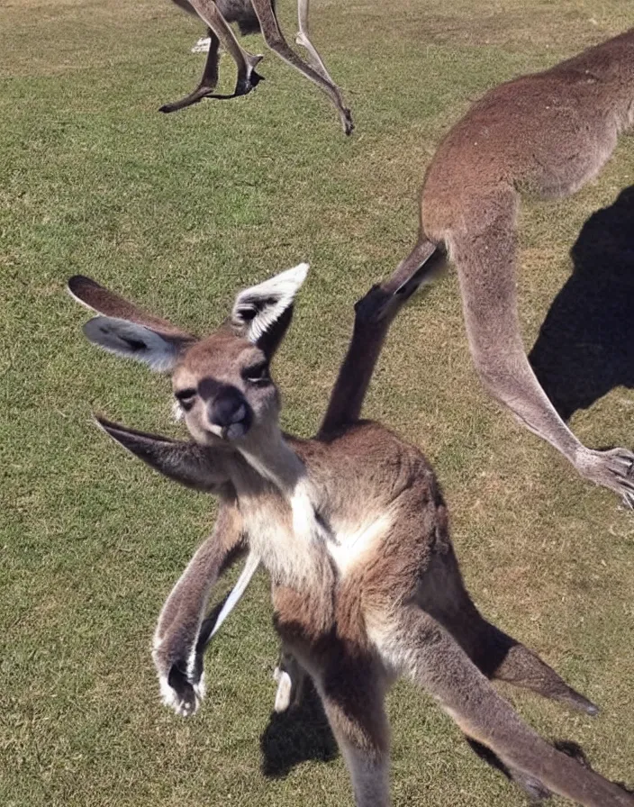 Image similar to kangaroo caught throwing gang sign, viral photo, viral on twitter, bad quality, phone photo, leaked photo, paparazzi photo, realistic, 720p