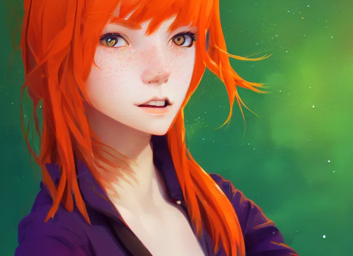 Prompt: portrait of a beautiful smiling girl with orange hair and freckles, green eyes, highly detailed, digital painting, concept art, smooth, sharp, focus, background is purple, anime key visual, ilya kuvshinov, rossdraws, artstation