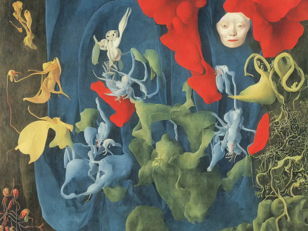 Prompt: Portrait of albino mystic with blue eyes, with exotic beautiful orchid mantis. Landscape with iceberg. Painting by Jan van Eyck, Audubon, Rene Magritte, Agnes Pelton, Max Ernst, Walton Ford