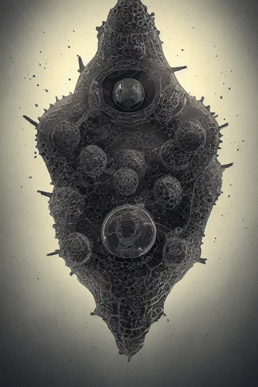 Image similar to portrait of caltrops amoeba sentinel physically accurate, moody dynamic lighting, very very intricate, very very elegant, highly detailed, digital painting, artstation, in the style of Rob Lefield and Dan Mumford , trending on artstation, digital art,surrealism ,macro,blueprint ,vaporwave ,