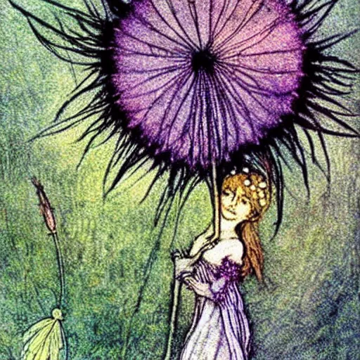 Image similar to a beautiful fairytale painting of a dandelion seed that is also a fairy. the dandelion seed is the body of the fairy. beautiful clear painting by arthur rackham