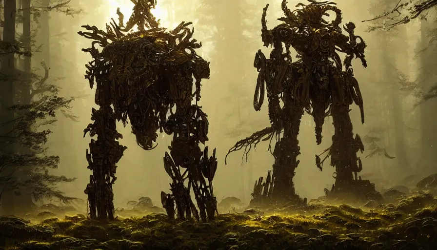Prompt: large walking mech covered in gold and silver armor with elden ring aesthetic, covered in moss and birds, glowing lights, beautiful forests and trees, intricate detail, epic wallpaper, art by darek zabrocki and John Park and Feng Zhu and Jason Chan, trending on artstation, masterpiece.