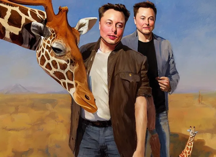 Image similar to a highly detailed beautiful portrait of elon musk with a giraffe, by gregory manchess, james gurney, james jean