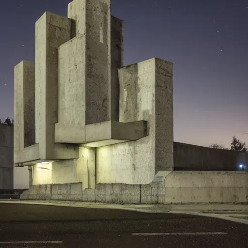 Image similar to a sci - fi brutalist castle built in brutalism architecture, diverse unique building geometry full of shapes and corners, photography at night