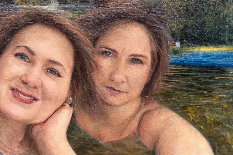 Prompt: pond with a weathered wooden dock, lightning strike in the background detailed, hyper realistic oil painting, intricately detailed, face, full lips, smiling eyes, 8 k, diffuse lighting, cinematic