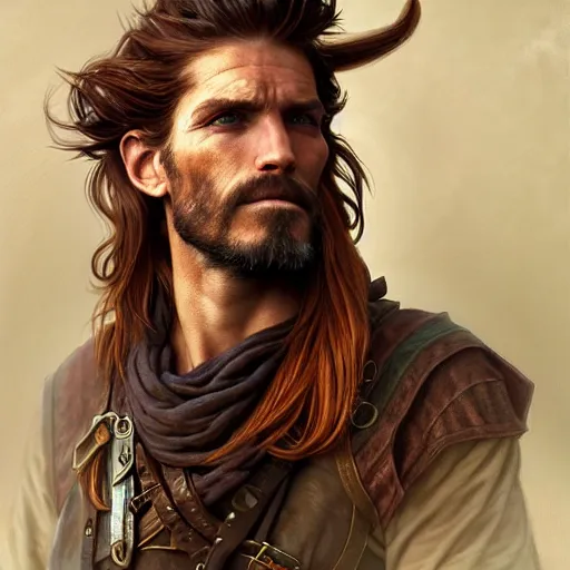 Prompt: portrait of a young ruggedly handsome but cantankerous pirate, male, masculine, upper body, red hair, long hair, d & d, fantasy, bashful smirk, intricate, elegant, highly detailed, digital painting, artstation, concept art, matte, sharp focus, illustration, art by artgerm and greg rutkowski and alphonse mucha