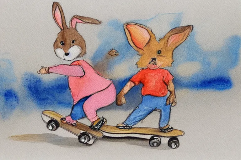 Image similar to a child's watercolor pencil painting of bunny playing skateboard.