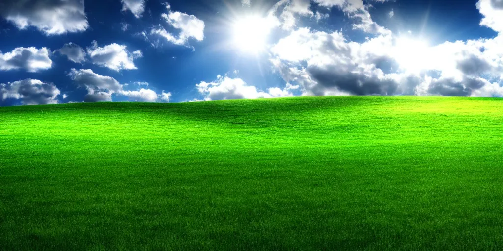 Prompt: a highly detailed 4 k photograph of the windows xp bliss wallpaper emerging from the heavens. h 5 7 6