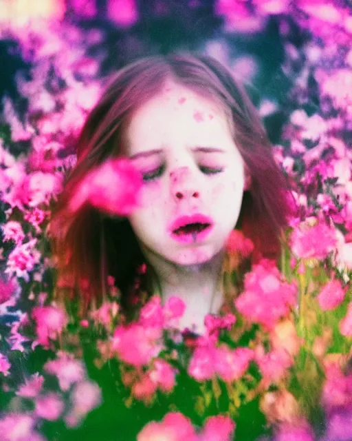 Prompt: oversaturated, burned, light leak, expired film, photo of a girl's crying face surrounded by crowded flowers