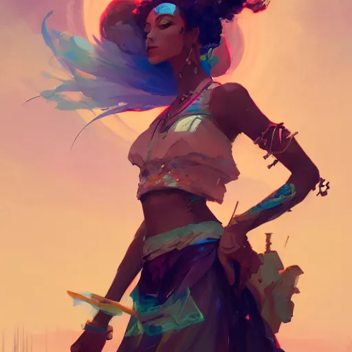 Prompt: a beautiful post apocalyptic gypsy wearing crop top, concept art by pete mohrbacher and guweiz and ilya kuvshinov, digital art, highly detailed, intricate, sharp focus, trending on artstation hq, deviantart, unreal engine 5, 4 k uhd image