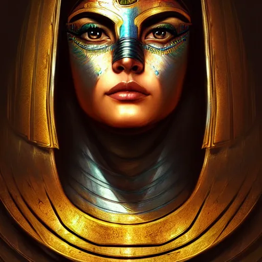 Image similar to portrait of gorgeous egypt goddess in the armor, beautiful face, hyper realistic, highly detailed, digital painting, artstation, illustration, concept art by hyung tae and frank frazetta, digital paint, matte paint, washed colors, dark, gloomy, foggy