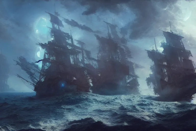 Prompt: an old pirate ship in space, digital painting, volumetric light, intricate, sharp, focus, bloom, illustration, highly detailed, concept art, matte, ruan jia, randy vargas, greg rutkowski