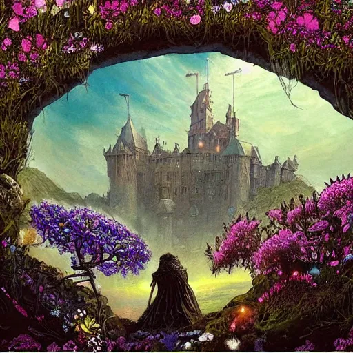 Prompt: a beautiful painting of a large medieval castle shrouded by mystic nebula magic in a field of flowers by moebius and android jones